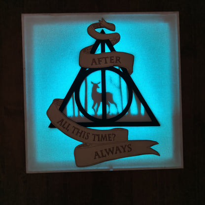 Quadretto Harry Potter retroilluminato con Doni della Morte e “Always”