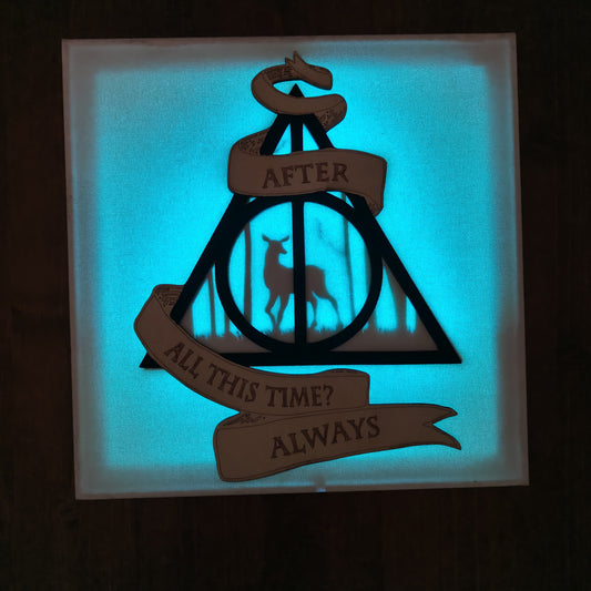 Quadretto Harry Potter retroilluminato con Doni della Morte e “Always”
